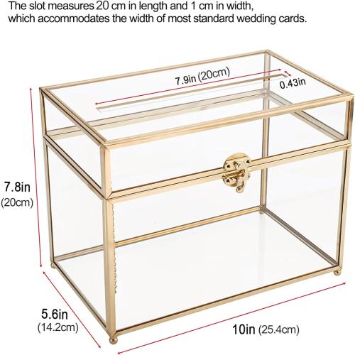 HighFree Glass Card Box, Large Clear Card Box for Wedding Receptions, Decorative Storage Box for Baby Shower, Birthday Party, Bridal Shower (With Slot, Gold)