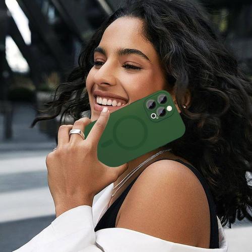 Magnetic for iPhone 15 Pro Max Phone Case for Women, Matte Luxury Soft Metallic Luster Design with Camera Lens Protector, Compatible with Magsafe Case for iPhone 15 Pro Max 6.7-Green