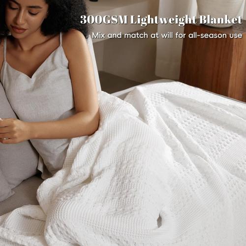 PHF Lightweight 100% Cotton Waffle Blanket for Bed, King, White