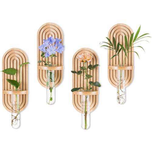 Glasseam Hanging Plant Propagation Stations: Rustic Wall Planter Set of 4 Planters for Indoor Plants Wood Plant Holder Decorative Glass Terrarium Test Tube Propogation Vase for Home Office Decor