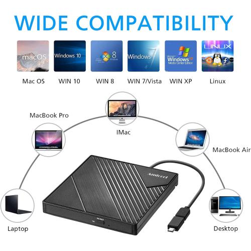 External DVD Drive USB 3.0 USB C CD Burner CD/DVD  /-RW Optical Drive, Slim Portable DVD CD ROM Rewriter Writer Duplicator for Laptop Desktop PC Windows 11/10/8/7 MacBook Mac Linux OS Apple