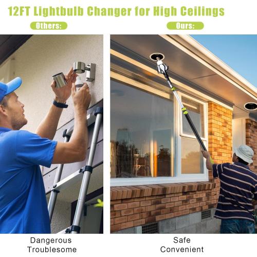 4 Pcs Aluminum Telescoping Changer with Pole, 3 FT to 12 FT Changer for High Ceilings, Light Bulb Changer Pole with Basket and Suction Cup, Light Bulb Removal Tool for Indoor and Outdoor