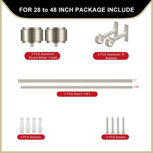 Brushed Nickel Curtain Rods for Windows 28 to 48, 1-Inch Curtain Rods with Aluminum Brackets and End Cap Finials, Adjustable Drapery Rods for Sliding Glass Door/Bedroom/Kitchen/Living Room Etc.