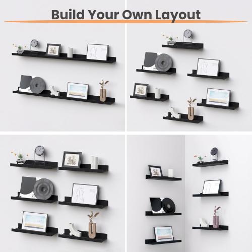 Floating Shelves for Wall, Wall Shelves for Decor Storage Set of 6, Wall Mounted Wood Shelf for Bedroom, Living Room, Bathroom, Kitchen, Picture Ledge Shelf, Black