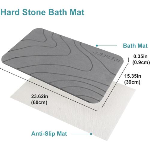 24x16 Grey 2 Pack Diatomaceous Earth Shower Mat, Stone Bath Mat, Nonslip Super Absorbent Fast-Drying Hard Bath Mat for Bathroom Shower Floor, 24 x 16 inch, Grey Wave Design