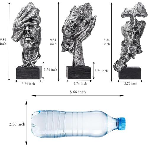 aboxoo Large Size 3 Pcs Thinker Statue, Silence is Gold, See No Evil Hear No Evil Speak No Evil Statues, Modern Resin Sculptures Decor for Living Room, Home, Office Study (Silver)