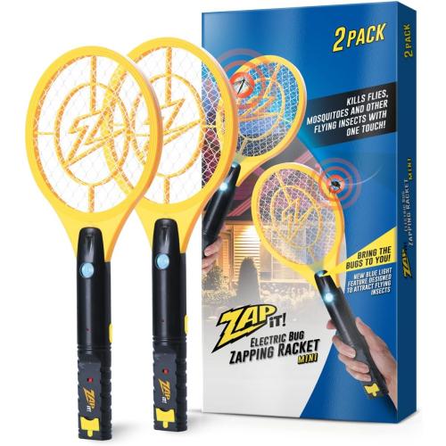 ZAP iT! Electric Fly Swatter Racket & Mosquito Zapper with Blue Light Attractant - High Duty 4,000 Volt Electric Bug Zapper Racket - Fly Killer USB Rechargeable Fly Zapper Indoor Safe - 2 Pack, Yellow
