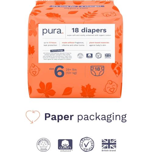 Pura Size 6 Eco-Friendly Diapers (29  lbs) Hypoallergenic, Soft Organic Cotton, Sustainable, up to 12 Hours Leak Protection, Allergy UK, Recyclable Paper Packaging, 18 Count (Pack of 3) (54 Diapers)
