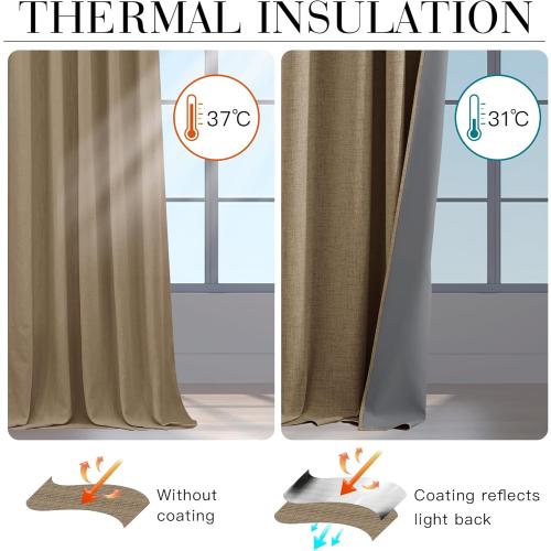 RYB HOME Linen Textured 100% Blackout Curtains for Bedroom, Insulating Energy Saving Window Curtains for Living Room Dining Patio Sliding Glass Door, Wide 52 x Long 84 inch, Burlap, 2 Panels