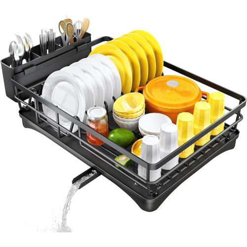 SNTD Dish Drying Rack for Kitchen Counter - Large Dish Rack with Drainboard, Rustproof Dish Drainer with Utensil Holder for Sink, Black