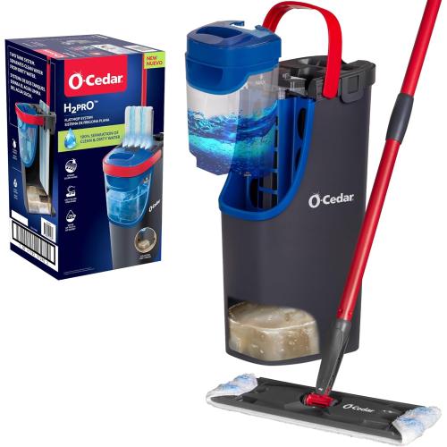 O-Cedar H2prO Flat Mop System | Quick Cleaning Tool | Clean with Water | Machine Washable Reusable Microfiber Mop Pad | Safe on Wood Floors, Vinyl, Tile, Baseboards, Walls