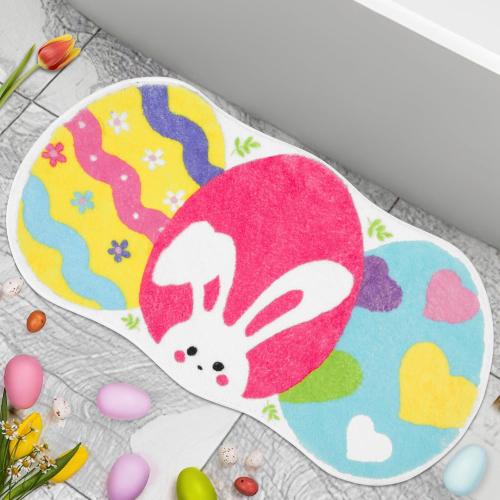 FEBSNOW Easter Bunny Egg Bath Mat, 15.75 x 29.5 Inches, Multicolor, Cartoon Style, Non-Slip, Machine Washable