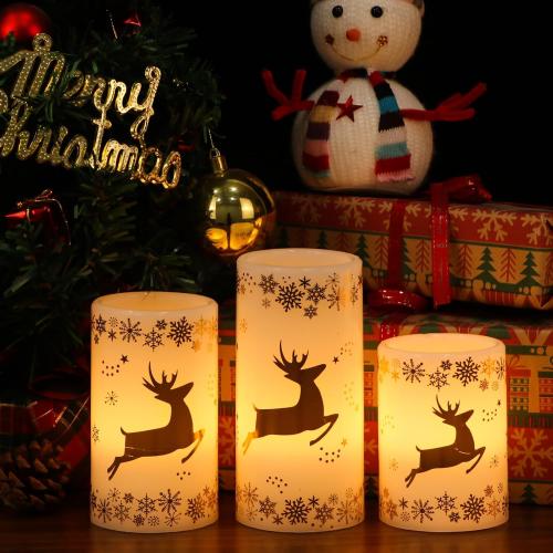 Golden Reindeer Christmas Candles with 6H Timer, Real Wax LED Candles Flameless Flickering, Battery Operated Candle Pillar for Home Décor Christmas Decorations Gifts, 3x4/5/6 inches
