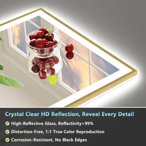 28x36 Gold LED Bathroom Mirror with Lights, Brushed Gold Framed Backlit and Front Lit Anti-Fog Lighted Vanity Mirrors for Bathroom Wall, Dimmable, 3 Colors, Memory, HD Tempered Glass, CRI＞90