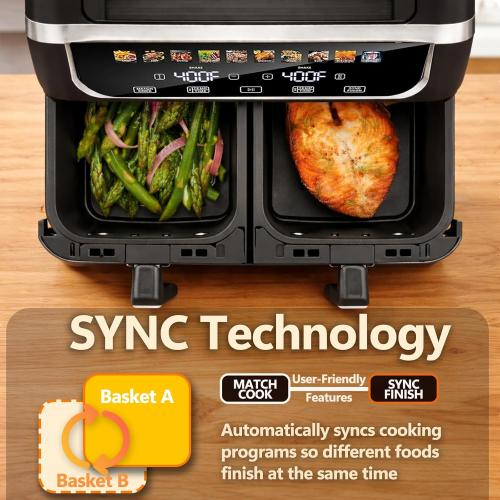 Simple Deluxe 9.5-Qt Dual Basket Air Fryer, 10-in-1 Digital Preset 1700W Airfryer, Sync Cook, Independent Temp Control, Shake Reminder, Nonstick Basket, Black