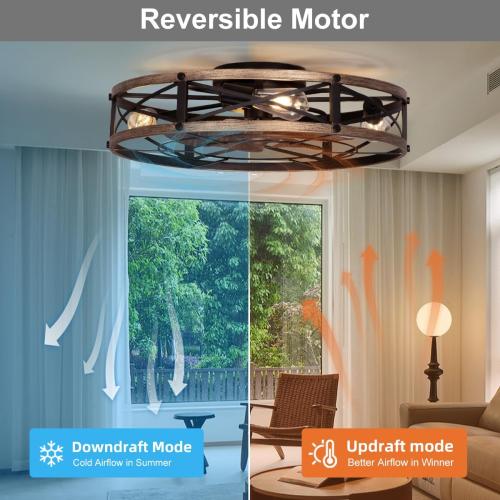 24 Farmhouse Flush Mount Ceiling Fans with Lights, Caged Low Profile Enclosed Ceiling Fans with Lights and Remote, Rustic Large Bladeless Ceiling Fan with Light for Bedroom, Kitchen - ETL