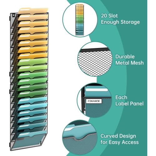 Size 20-Tier Color Black  Wall File Organizer Mesh Office Mail Holder, Hanging Wall Organizer Magazine Rack for Office Assembly Needed, Black
