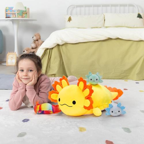 MaoGoLan 4Pcs Giant Axolotl Plush with 3 Babies Inside-23.5 Large Ultra Soft Axolotl Stuffed Animals Throw Pillow-Squishy Stuffed Axolotl Plush Collection Gift for Axolotl Lover,Kids,Teens,Yellow