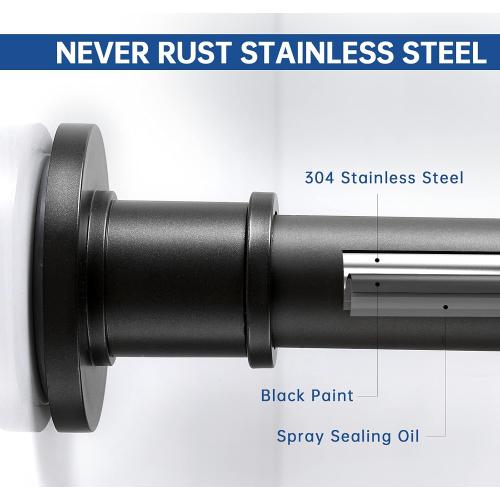 BRIOFOX Industrial Shower Curtain Rod - Never Rust Non-Slip 43-72 Inch Stainless Steel, Matte Black
