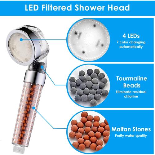 Vacto LED Handheld Shower Head Set with Filtration, Automatic 7-color Changing Shower Head Kit, High Pressure Handheld Shower Head with Hose and Bracket, Water Saving Showerheads with Filtration Beads