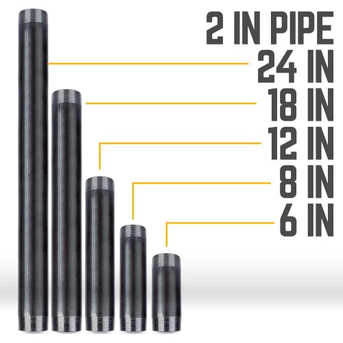 PIPE DECOR Black Steel Plumbing Pipe, 2 in. Dia. x 24 in. Pre-Cut Pipe Fits Standard 2 Inch Black Threaded Pipes, Nipples and Fittings, 2 Pack
