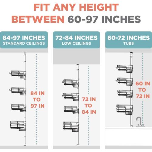 Zenna Home Tension Pole Shower Caddy Corner Organizer, Adjustable Standing Shower Caddy with 4 L-shaped Baskets and Hooks, Rust Resistant Bathroom Tension Rod Organizer, 60 to 97 Inch, Bronze