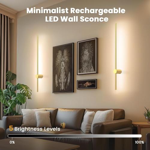 NIORSUN 35.4 Inch Battery Operated Wall Sconce Set of 2,Gold Minimalist Rechargeable LED Wall Lights with Remote, 10 Colors Dimmable Wireless Wall Sconce for Living Room Bedroom Hallway
