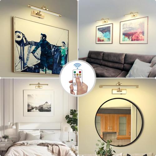 Tassuowell Wireless Picture Lights for Wall Rechargeable, Battery Operated Art Light for Paintings, 3CCT Dimmable, 15.7 Brass Finish with Remote, Rotatable Gallery Light for Pictures Display