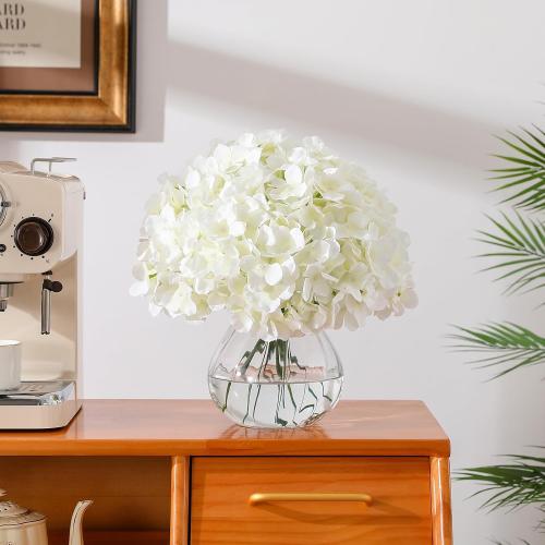 White Hydrangea Artificial Flowers Bulk, 20Pcs Silk Flower Heads with Stems