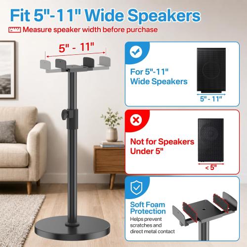 Heavy Duty Speaker Stand Pair for Samsung HW-Q990H/Q990F/Q930F/Q990D/Q930D/Q990C, Height Extend 29–37.5 Speakers Stand, Dual Side Clamp Fits 5–11 Samsung Rear Speaker Stands, Built-in Cable Mgmt