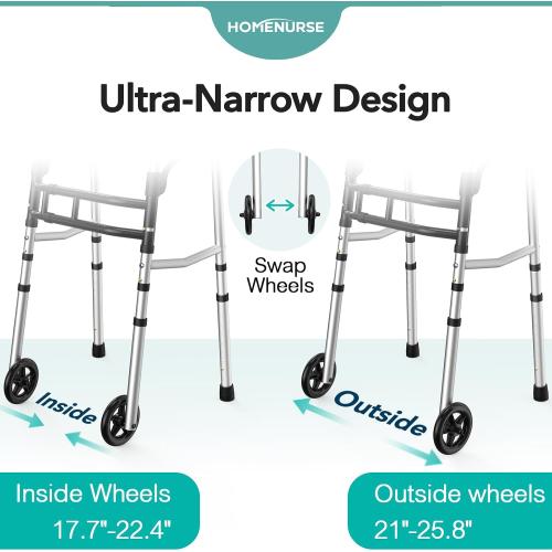 HOMENURSE Folding Walkers for Seniors with Skis, Width & Height Adjustable | Narrow Walker with 5 Wheels for Small Spaces, Aluminum Lightweight Standard Rolling Walker, Supports Up to 300lbs, Silver