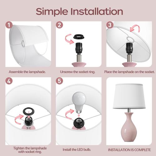 PARTPHONER Table Lamp Set of 2, Modern Ceramic Bedside Lamps for Night Stands, Classic Small Lamp Nightstand Lamp for Bedroom Living Room Desk End Table Rocker Swtich Pink