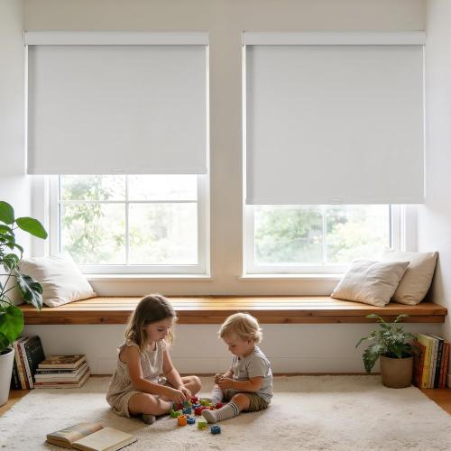 Joydeco 100% Blackout Roller Shades Cordless Blinds for Windows, Free-Stop Shades, UV Protection, Natural Woven Blinds for Home and Office, Light-Proof Aluminum Cover (White, 38 W x 75 H)