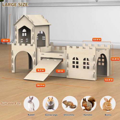 Large Bunny House and Hideouts, Wooden Dual-Layer Rabbit Castle with Stair, Rubber Band-Free Setup - Chew-Proof, Sturdy Habitat for Guinea Pig Chinchilla Ferret (Rabbit House)