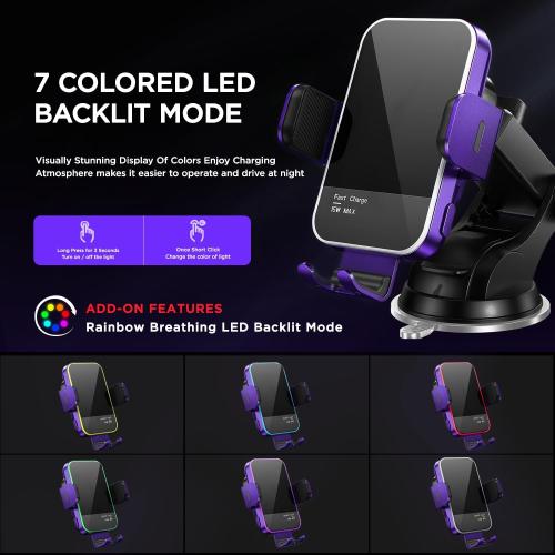 Wireless Car Charger,【7 Colored RGB Backlit】15W Auto Clamping Car Charger Phone Mount Holder for iPhone 16 15 14 13 12 Mini Pro Max 11, Samsung Galaxy S24 Ultra S23 S22 S21  S10  Note 20, etc - Purple