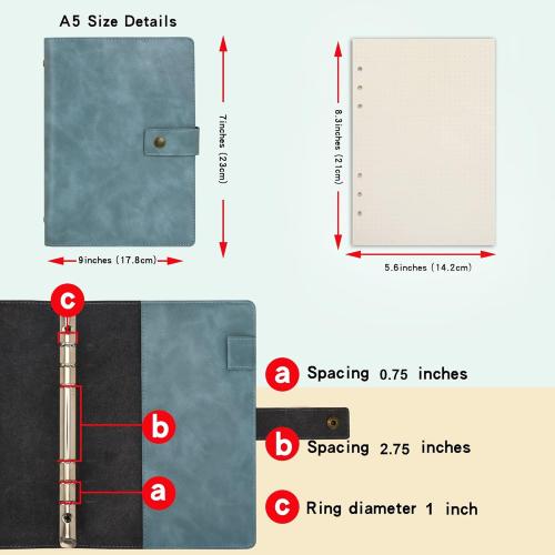 Wonderpool Leather Journal Refillable Notebook Spiral Diary Binder Portfolio - A5 Dot Grid Paper & Inner Pockets for Travel Work and Personal Organizer (Lake Blue, A5)