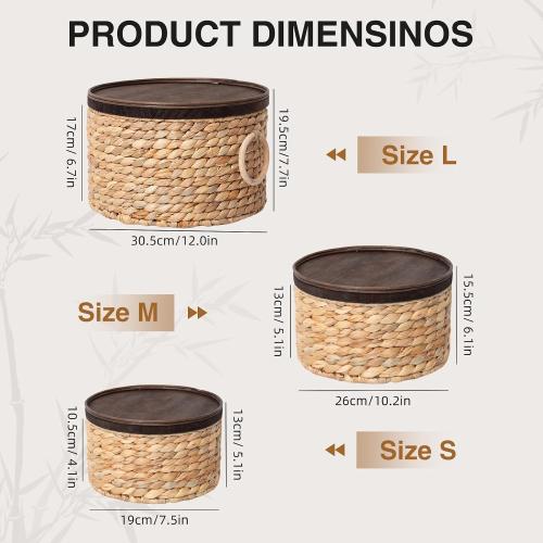 Water Hyacinth Storage Basket with Wood Lid - Handwoven Round Shelf Basket for Organizing, Rustic Woven Basket with Handle (Set of 3) for Living Room,bed room,Closet,Kitchen&Pantry