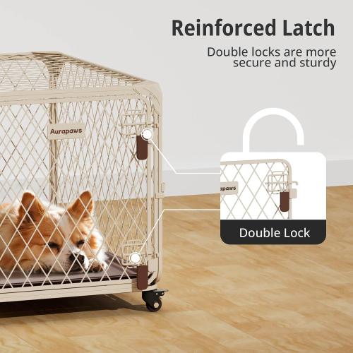 Diamond Mesh Dog Crate for Small Dogs, 30 Inch Metal Dog Kennel with Lockable Wheels, up to 70lbs, Double Secure Latch Dog Cage with Removable Tray, Durable & Easy to Assemble, Beige