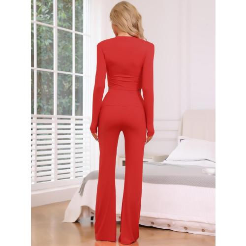 cheibear Womens Lounge Sets Long Sleeve Crop Top Foldover Flare Pants Casual Pajama 2 Piece Outfits Small