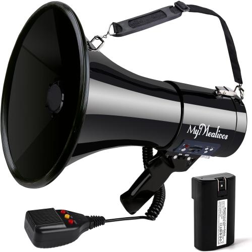 Black MyMealivos 50W Bluetooth Megaphone with Rechargeable Battery-Professional Bullhorn with Siren&240s Recording Supports USB/SD/3.5mm Aux-1600ft Range for Sports Police Emergency Outdoor Activities