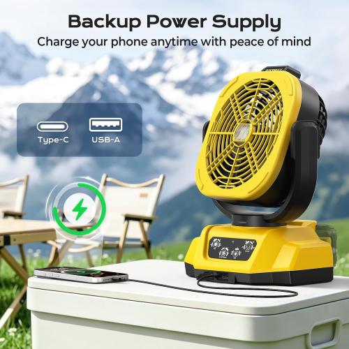 Battery Operated Fan for Dewalt 20V Max battery, Camping Fan with USB A/C & LED Lights, 4 Speeds & Remote Control, Portable/Cordless/Battery Powered fan, for Outside, Jobsite (Battery Not Included)
