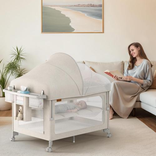 TinyGlow Baby Bassinet, Pack and Play, Bedside Crib Sleeper, Diaper Changer | Quickly Assembles and Folds, Portable Crib with Mattress,Mosquito Net and Toys Bar, Easy to Carry for Newborn to Toddler