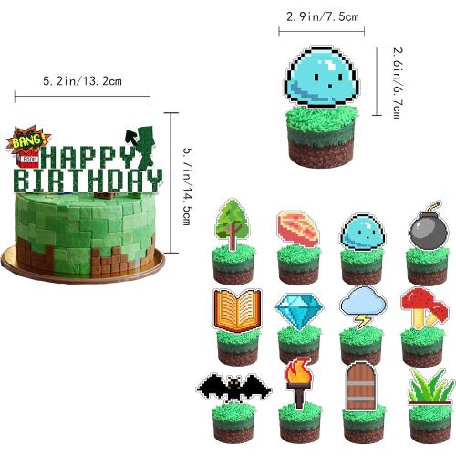 Pixel Themed Birthday Party Decorations, Party Supplies Include Happy Birthday Banner, Balloons, Cake Toppers, Cupcake Toppers