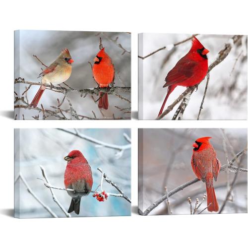 sechars - 4 Piece Modern Canvas Painting Wall Art Birds Red Cardinal on Snowy Branch Pictures Print for Living Room Decor Winter Landscape Poster Christmas Gift Gallery Wrap Ready to Hang
