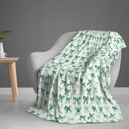 Throw Blanket Bow Pattern Green Flannel Blanket 80 x 60 Inch Soft Lightweight for Sofa Couch Living Room Bed Office All-Season Comfort