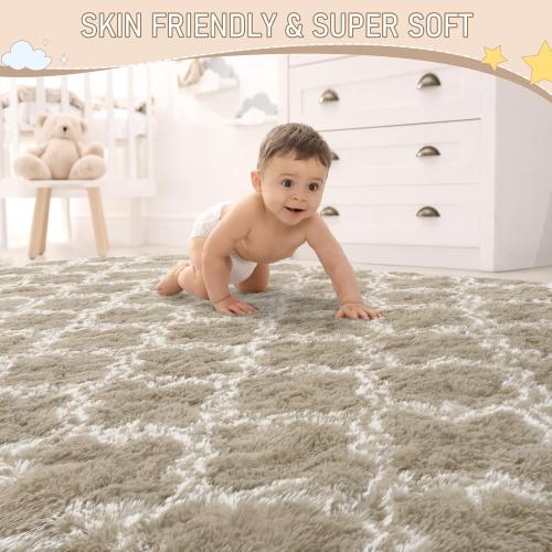 LOCHAS Luxury Shag Area Rug 8 x10 Feet Geometric Plush Fluffy Rugs, Extra Soft Carpet Moroccan Rugs for Bedroom Living Room Dorm Kids, High Pile Shaggy Floor Rug Decor, Beige/White