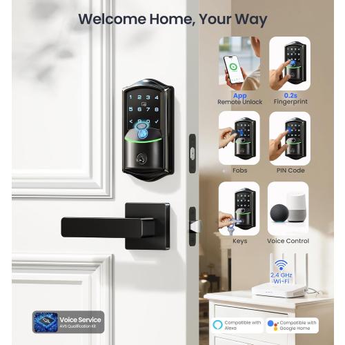 Veise VE027-L Built-in WiFi Smart Lock with Handles, Fingerprint keyless Entry Door Lock Set, App Remote & Voice Control, Electronic Deadbolt for Front Door, Touchscreen Keypad, Auto Lock, Matte Black