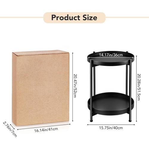 Small Side Table Round for Small Spaces Indoor Outdoor, Mini End Table Metal, 2 Tier Plant Stand Foldable, Bedside Table for Living Room, Bed Side, Sofa Side, Patio, Night Stand 20.5'' Tall, Black