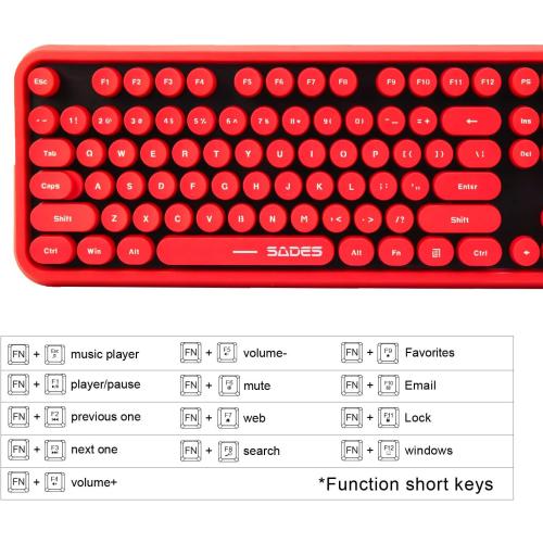 Red Wireless Keyboard and Mouse Combo, Retro Typewriter Style Round Key Keyboard with Bubble Keycaps, 2.4GHz Creamy Clicky Aesthetic Full Size Keyboard with Number Pad for PC Laptop Desktop