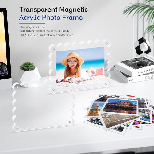 2Pack Acrylic Magnetic Photo Frame 5x7 Inch - Sleek Scalloped Design, 10 10mm Thick Crystal Clear Block, Freestanding Double-Sided Magnet |Trendy Home Gift (2 Pack, 5X7)